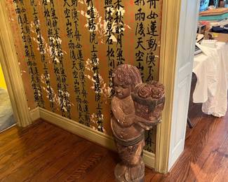 1 of a Pair of Antique wood carved and polychrome statues