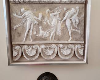 Pair of Etruscan fragments in shadow boxes $3500; Ulysseus Greek Philosopher Bronze Head $350