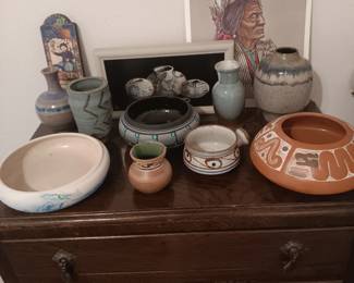 Native American and Mexican Framed tiles and pottery