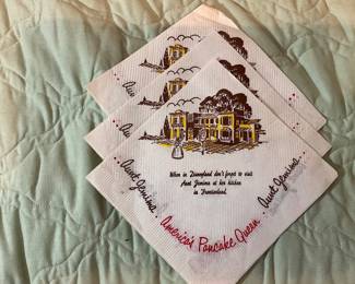 Vintage paper napkins from Aunt Jemima"s Kitchen at Disnetland, likely dating 1950s to 1970s