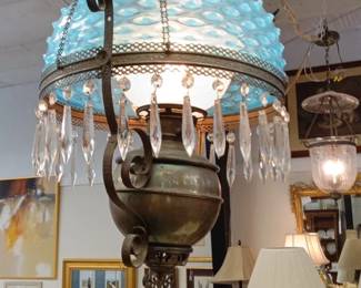 Victorian Enameled Glass Oil Lamp Chandelier with Crystal Prisms second image