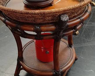 Vintage Rattan and Wood Side Table with Woven Elements fifth image
