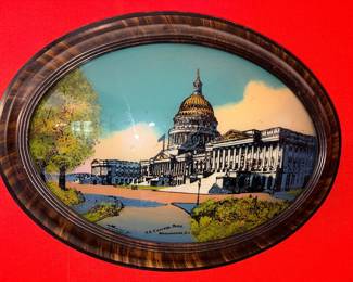 Antique Framed Reverse Painting On Convex Glass  US Capitol Building Washington DC !