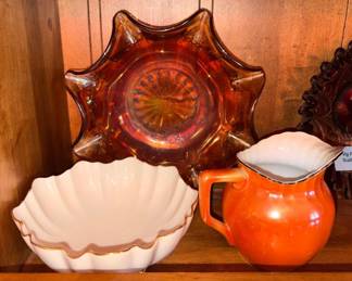 Vtg Celebrate Lustre Orange Creamer, Vtg Lenox Scallop Bowl, 