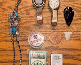 Navajo Kachina Bolo Tie, Casio Telememo Watch #DB-34H, Langtry & Blk Obsidian Arrowheads, NFl Alumni 2019 Tony Curcillo Coin, Etc!