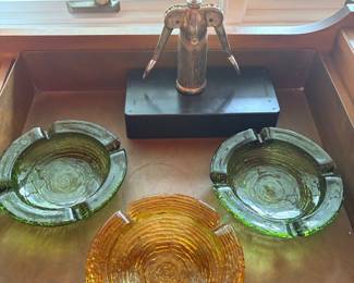 Vtg MCM Anchor Hocking Ripple Green & Amber Ashtrays, Vtg Silver Plated Sommelier Italian Pierre Wine Bottle Opener!