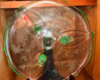 Vtg Etched Green Depression Footed Cake Stand!