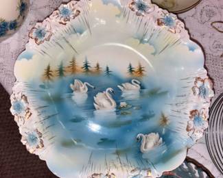 Antique RS Prussia Swans On Lake Scene Hand Painted Bowl!