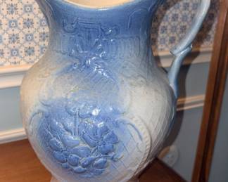 Antique Farmhouse Blue & White Stoneware Pitcher!