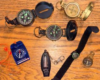 Vtg Pin-On Brass Compass, Engineer Directional Compass, Johnny Walker Lensatic Compass YCM Japan, Engineer Lensatic Compass Academy Japan 1950s, Etc!