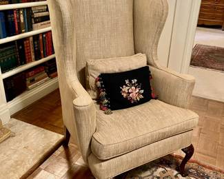 Custom upholstered down-filled wing back chair
