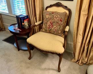 Silk upholstered french arm chair and Aubusson pillow