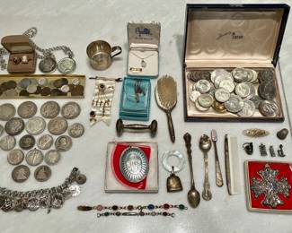 Antique silver coins and jewelry