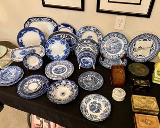 Collection of flow blue and white china