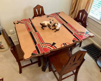 Art deco enameled porcelain restaurant table and chairs