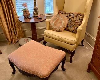 Silk upholstered chair by Southwood and Fortuny upholstered ottoman