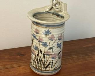 034 blueandpinkfloralstonewarevasebyc