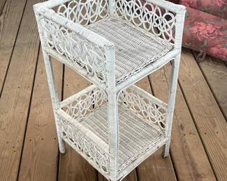 214 vintagewhitewickertwotiersidetable