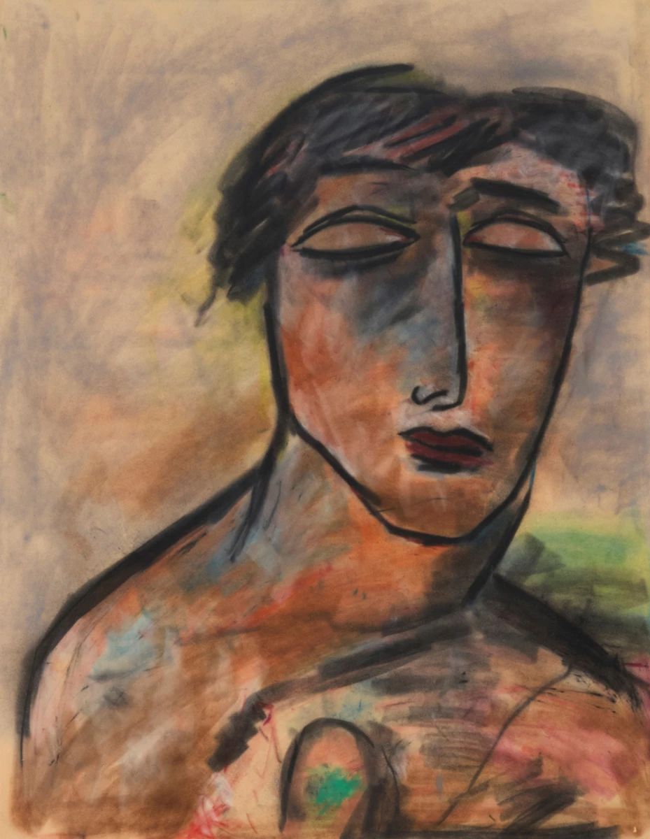 2001 Jamali (b. 1944) "Portrait of an Artist," 1989 Pastel on paper Appears unsigned; titled and dated by repute; with the artist's studio label affixed to the frame's backing paper Image/Sheet: 26 x 20in Estimate: $700 - $1,000