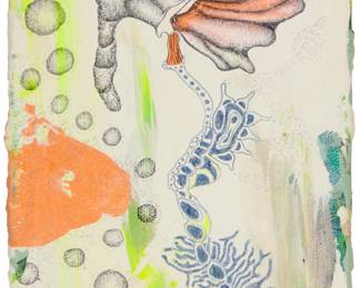 2174 Marc Pally (b. 1946) Untitled (alternatively titled "Throwing Up"), 1996 Graphite, color pencil and acrylic on canvas Signed, titled, and dated in ink, verso: Marc Pally / 1996 7 x 5in Estimate: $200 - $300