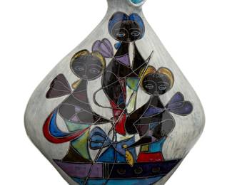 2188 Marcello Fantoni (1915-2011) A studio pottery vase, mid-20th century Signed and inscribed to underside: Fantoni / Italy / for gallery des beaux arts The glazed ceramic vase with stylized rim, depicting three figures fishing from a boat 10" H x 8" W x 3.5" D Estimate: $300 - $500