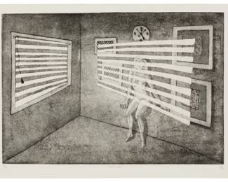 2299 20th Century American School "Trapped," 1983 Etching and aquatint on BFK Rives paper An artist's proof aside from the edition of unknown size Initialed, titled, dated, and inscribed "A/P," all in pencil in the lower margin: CP 83 Plate: 12 x 17 7/8in; Sight: 13 3/4 x 19in Estimate: $30 - $60