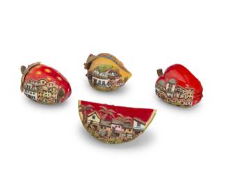 2166 Four glazed art pottery fruits 2000 One signed and dated: A CARRERA Each painted with city tableaus in relief on a fruit, comprising a strawberry, a watermelon, a bell pepper, and a peach or mango 4 pieces Each: 4.25" H x 5.5" W x 4.75" D approximately Estimate: $100 - $200