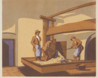 2237 Carl Rotky (1891-1977) Figures threshing wheat Woodcut in colors on paper Signed in pencil in the lower margin, at right: Carl Rotky Image: 7 6/8 x 9 1/8in; Sight: 8 1/4 x 9 6/8in Estimate: $200 - $300