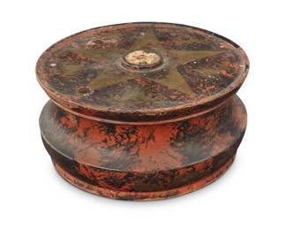 2251 A James L. Chappell ink stand Mid-19th century; Buffalo, NY With original label applied to underside The turned wood vessel with painted marbling and gilt accents 2.375" H x 4.5" Dia. Estimate: $200 - $300