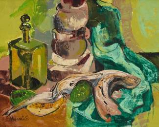 2387 Wayne LaCom (1922-2019) "Avocados and Bottle," c. 1949 Oil on canvasboard Signed lower left: Wayne LaCom; titled and dated on a gallery label affixed to the verso 18 x 24in Estimate: $600 - $800