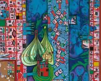 2326 Friedensreich Hundertwasser (1928-2000) "Olympische Spiele München 1972" (Olympic Games Munich poster), 1971 Screenprint in colors with embossed metal foil on paper Edition: 3898/3999 (there was also a total of approximately 230 hand-signed impressions numbered in either Arabic or Roman numerals) Unsigned; stamp-numbered in the image, lower left; titled as part of the composition; Dietz Offizin, Lengmoos, Bavaria, in cooperation with Günter Dietz Edition, prntr.; Olympia 1972 GmbH, Munich, pub. Sight: 40 x 24 3/4in Estimate: $300 - $500