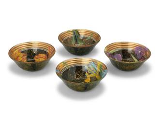 2167 Four Scott Potter glass decoupage finger bowls 1998 Each signed, dated and inscribed on the underside: Scott Potter © Exclusively for Scully & Scully Each depicting flowers to bowl, with gilt rim 4 pieces Each: 2.125" H x 5.5" Dia. Estimate: $100 - $200