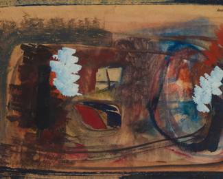 2015 Ralph Rosenborg (1913-1992) "Improvisation: Landscape Forms," 1940 Watercolor and gouache on artist's board, affixed to linen-covered Masonite, as issued Signed and with the artist's device, and dated, upper right: Rosenborg / 40; signed and with the artist's device again, and dated again, 1940, and inscribed with the artist's working location (or as a subtitle), and dated again, "Locust Valley, Long Island - 1940," all verso; titled "Improvization(sic): Landscape Forms," dated yet again, and with the artist's Lexington Avenue, Manhattan, address and a paper sticker number 13, all on a typed label affixed to the verso 8 5/8 x 15.25in Estimate: $300 - $500