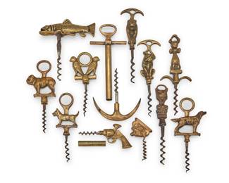 2162 A group of brass figural corkscrews Late 19th/early 20th century Comprising one anchor, one pistol, four dogs, one motorcyclist, one fish, one bird group, and three other animals 12 pieces Largest: 6.875" H x 4" W; Smallest: 3.5" H x 2" W Estimate: $200 - $400