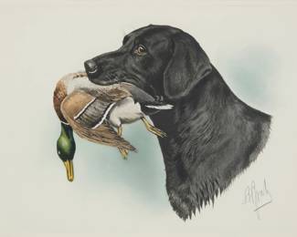 2234 Boris Riab (1898-1975) Black lab with mallard duck Lithograph in colors on wove paper From the edition of unknown size Signed in pencil lower right: B Riab; Ch. Ducher & Cie, Paris, France, pub., with their name and copyright printed as part of the image along the upper edge, at right Sight: 11 1/4 x 15 7/8in Estimate: $200 - $300