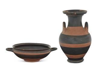 2016 A Greek Ionian kylix pottery cup and Apulian olpe Circa 500-300 BCE or later 2 pieces Kylix: 2.75" H x 9.375" W x 7" D; Olpe: 8.625" H x 5.5" Dia. Estimate: $400 - $600