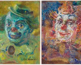 2400 Ben Messick (1901-1981) Two clown portraits Each: Oil on paper mounted to board One with a stamped signature lower right and one signed lower right: Ben Messick; each with the artist's estate label, including the black ink estate stamp, affixed to the frame's backing paper Each: 15 1/2 x 12in Estimate: $250 - $350