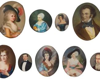 2079 A group of nine portrait miniatures Late 19th/20th century Three signed indistinctly Portrait miniatures of men and women, most on porcelain, some on paper 9 pieces Largest sight: 3.125" H x 2.5" W; Largest framed: 6" H x 5.125" W x 0.625" D Estimate: $400 - $600