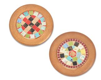 2254 Two Alford Co. hammered copper and mosaic tile plates Early/mid-20th century Each impressed to underside: Alford Co, Inc. / Copper / Hammered Modes / Brass / New York Each with hammered rim centering inlaid ceramic tiles to the well 2 pieces Each: 1.125" H x 9" Dia. Estimate: $30 - $50