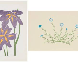 2310 Henry Evans (1918-1990) Two works: "Iris," 1985 Linocut in colors on paper Edition: 77/140 Signed, titled, dated, and numbered in pencil in the lower margin: Henry Evans 1985 Image: 15 3/4 x 10in; Sheet: 20 1/8 x 13 1/8in "Baby Blue Eyes," 1981 Linocut in colors on paper Edition: 199/255 Signed, titled, dated, and numbered in pencil in the lower margin: Henry Evans 1981 Image: 8 1/2 x 14in; Sheet: 13 x 20in Estimate: $200 - $300