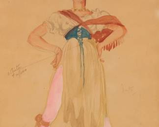 2105 Roger Furse (1903-1972) Costume design for a dancer in "The Prospect Before Us" Gouache, watercolor, and pencil on tan paper Signed in pencil lower right: R. Furse; titled in pencil upper left; inscribed in pencil with details related to the character and/or costume Sight: 19 x 13 1/2in Estimate: $300 - $500