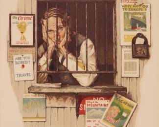 2231 After Norman Rockwell (1894-1978) "Ticket Seller" Photomechanical reproduction, possibly collotype, in colors on Arches paper Edition: 29/200 Signed with the artist's name and numbered in pencil in the lower margin, possibly in another hand Image: 22 x 18 1/2in; Sight: 24 x 20in Estimate: $400 - $600