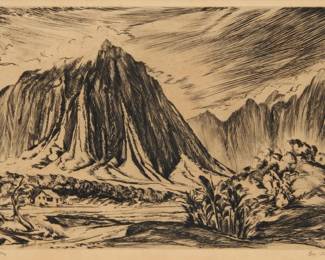 2404 Ben Norris (1910-2006) "Haiku Valley," 1943 Etching and drypoint on paper From the edition of unknown size Signed and titled in pencil in the lower margin: Ben Norris; with the printed initials and date in the plate, lower right Plate: 8 7/8 x 12 7/8in; Sight: 9 1/2 x 13 3/8in Estimate: $200 - $300