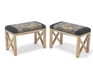 2195 A pair of Contemporary benches Late 20th/early 21st century The painted wood benches, each seat cushion upholstered in a Ralph Lauren 'Ainsworth Equestrian Canterbury' fabric depicting a man on horseback with hunting dogs in a sylvan landscape 2 pieces Each: 18" H x 25.75" W x 14" D Estimate: $100 - $200