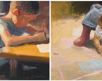 2112 David Slonim (b. 1966) Two works: "Drawing at the Table," 2008 Oil on Masonite Signed lower right: D. Slonim; signed again, titled, dated "2008," and with the artist's copyright, all verso 8 x 10in "Pink Boots and Chalk," 2009 Oil on Masonite Signed lower right: D. Slonim; signed again, titled, dated "2009," and with the artist's copyright, all verso 8 x 10in Estimate: $400 - $600