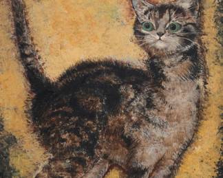 2067 Naondo Nakamura (1905-1981) "Cat" Oil on board Signed lower left together with a Japanese character: Naondo; signed again together with a Japanese character: Naondo Nakamura, titled, numbered "No 6," and inscribed "7 [two Japanese characters representing "cat"]" and "Paris," all verso 15 7/8 x 9 5/8in Estimate: $400 - $600