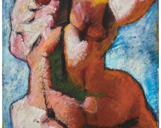 2373 Jim Morphesis (b. 1948) "Falling Mythological Figure" Oil, acrylic, gouache, charcoal, pastel, and collage on wood panel Signed lower right: Morphesis; titled on a partial label affixed verso 46 x 30in Estimate: $200 - $300