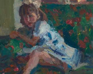 2104 Gary Carter (b. 1939) "In Her Chair" Oil on panel Signed lower left: G. Carter; signed again, titled, and inscribed "759," verso 20 x 15 3/4in Estimate: $800 - $1,200