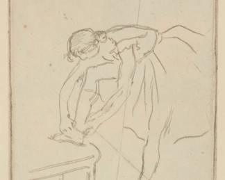 2374 Edgar Degas (1834-1917) "Danseuse mettant son chausson" (Dancer Putting on Her Shoe), circa 1888 Etching on paper An impression from the cancelled plate (after the second state), printed later Unsigned as issued Plate: 7 x 4 5/8in; Sight: 9 5/8 x 7 3/8in Estimate: $500 - $700