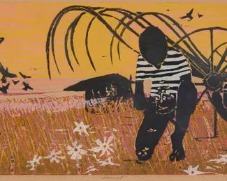 2232 Walter Henry Williams (1920-1998) "Harvest," 1963 Woodcut in colors on paper Edition: 171/210 Signed, titled, dated, and inscribed in pencil in the lower margin: Walter Williams 1963 imp. Plate: 11 1/2 x 24in; Sight: 12 3/4 x 24 1/2in Estimate: $600 - $800